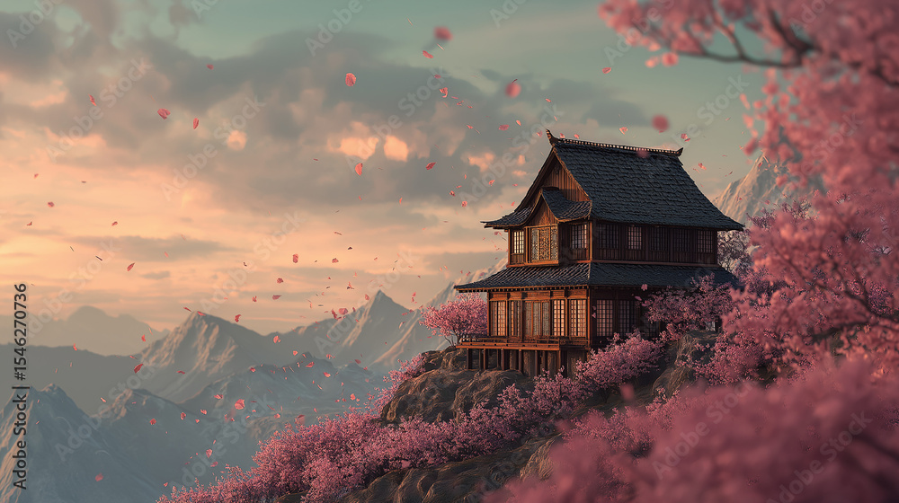 Naklejka premium Asian Wooden House with Cherry Blossoms