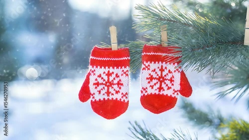 baby red mittens on winter pine tree. winter still life. Winter holiday composition