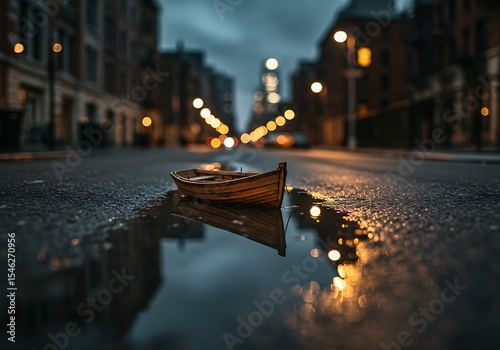 Fototapeta Naklejka Na Ścianę i Meble -  A small wooden boat in sour water, during bad weather, on the streets of New York, tilt-shift photography, At night