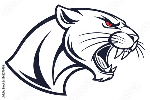 Intimidating panther head with red eyes is fiercely roaring, prominently outlined in navy