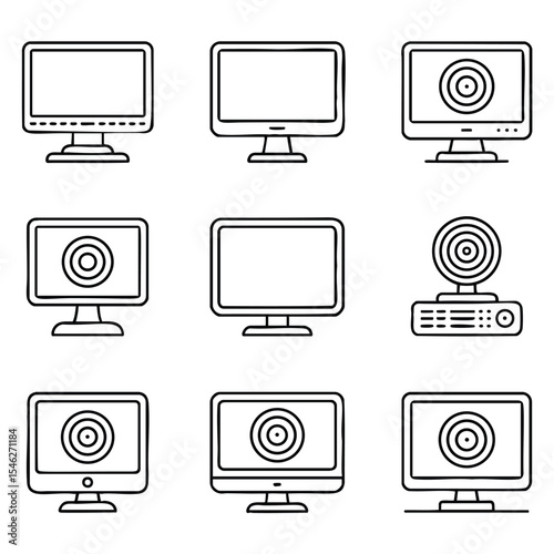Fingerprint Security Icons: Computer Monitor & Digital Privacy Line Art Graphics