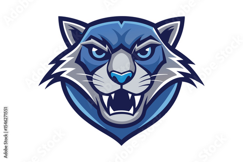Blue wildcat with sharp teeth and piercing eyes roars ferociously toward viewer