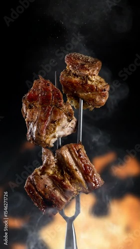 Vertical video. Fork with pieces of delicious barbecued meat on black background, with flames of fire and smoke. Tasty meat