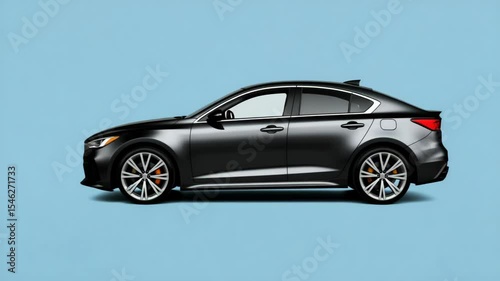 A stylish black sports car is positioned against a smooth blue background, highlighting its aerodynamic design and sleek contours. electric sports car aggressive styling