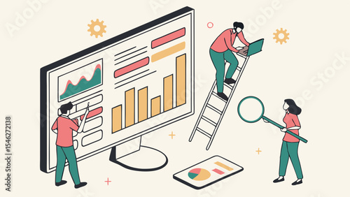 Individuals analyze data and collaborate, Charts and graphs on large monitor displays,