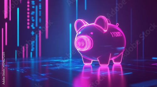 Neon Piggy Bank on Digital Background Representing Modern Finance and Savings Concepts