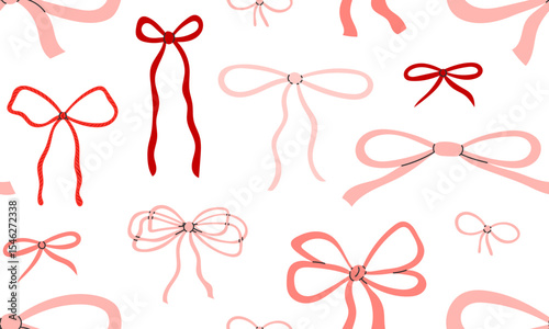 Seamless pattern with cute  pink bows. Gift coquette ribbons background. Modern bow design for print, textile, wrapping paper, fashion, fabric, wallpaper, cover. Hand drawn flat vector illustration