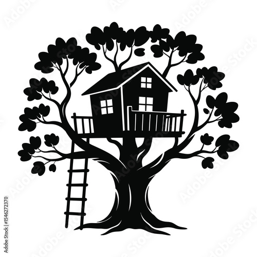 Magical treehouse silhouette in enchanted forest vector art Illustration

