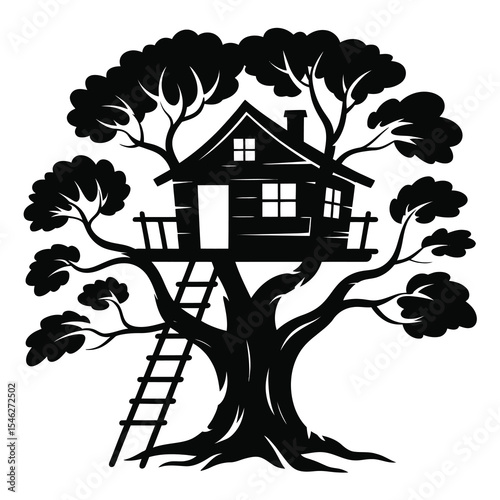 Forest adventure vector featuring magical treehouse silhouette

