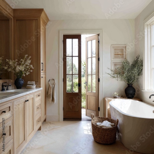 Light-filled bathroom with wood cabinets  open door to garden