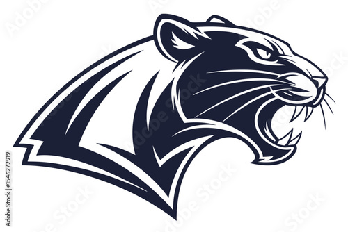 Ferocious panther roars with intensity, displaying sharp teeth in the black and white stylized profile