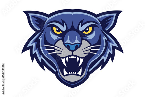 A ferocious blue cartoon panther shows its sharp teeth with intense yellow eyes