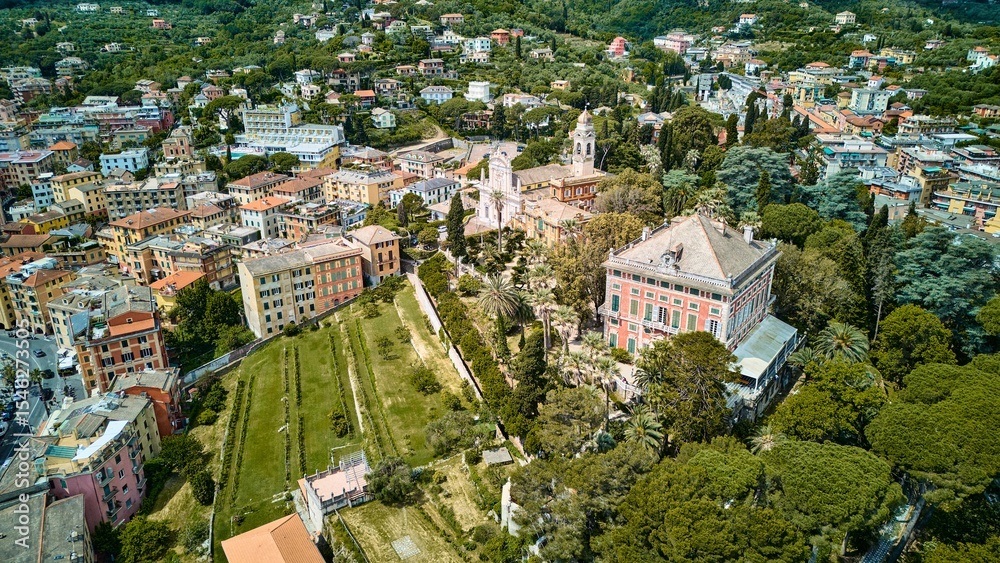 Fototapeta premium Italy. Historic Villas and Gardens of Santa Margherita Ligure Overlooking Town Hills. Drone view