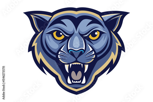 Fierce blue mountain lion roars, displaying its sharp teeth and golden eyes