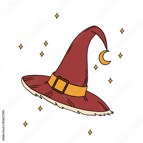 Magical wizard witch hat. Halloween festival celebration masquerade icon element collection in red color. Outline art decoration