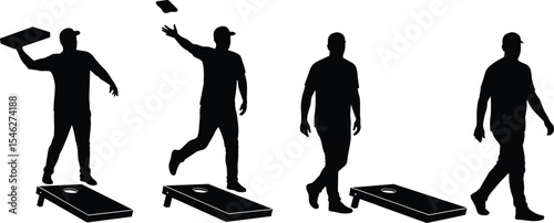Silhouettes of people playing cornhole game, bean bag toss, outdoor activity, summer fun, backyard competition, team sport, leisure time