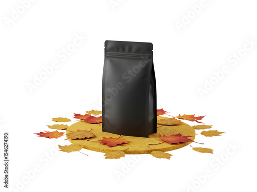Premium black stand-up pouch with silver trim and resealable spout, isolated on transparent background—perfect for snack, coffee, or product branding mockups in digital design.
