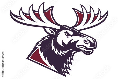 Cartoon moose head with large antlers and a strong jawline stares forward intensely