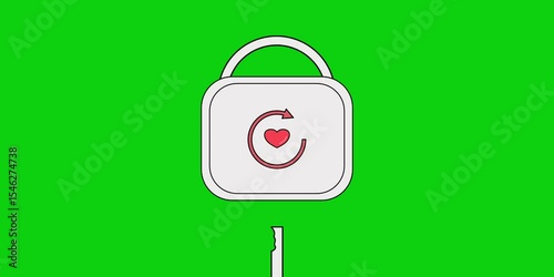 Animation of a love icon with a lock and key, animation of a love lock being opened with a key