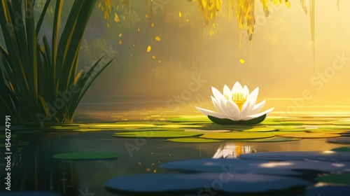 Serene Water Lily Blooming in Calm Pond with Sunlit Background and Green Reflections