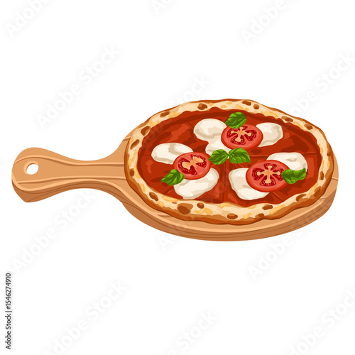 Margherita pizza with tomatoes, mozzarella and basil on wooden board. Vector cartoon illustration of Italian food art for restaurant, menu design, packaging, branding, culinary content