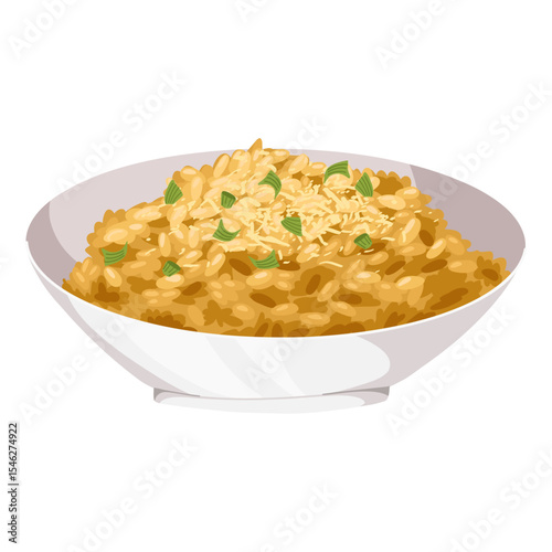 Italian classic risotto with Parmigiano Reggiano cheese and shallot. Isolated vector hand drawn illustration for restaurant, menu, packaging, cooking projects, stickers, culinary