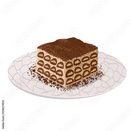 Vector illustration of tiramisu dessert on a plate. Hand drawn sliced Italian sweet food for cafe menu, food packaging, Italian cuisine design, branding, bakery visuals, stickers