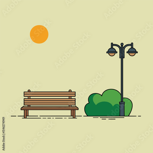 Bench and Street Lamp on Sunny Day – Outdoor Landscape Illustration with Green Bushes