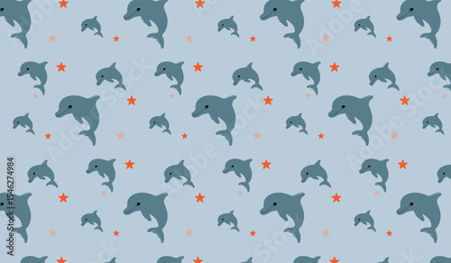 Pattern with dolphins, cute cartoon shark with blue pattern background. seamless vector pattern.