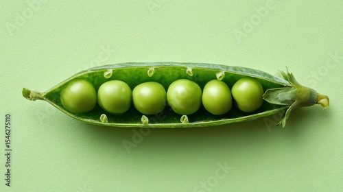 Ultra quality image of minimal scene with fresh green peas in open pod isolated on pastel green background. Source of proteins, antioxidants, vitamin k, a, fiber. Concept of healthy.
