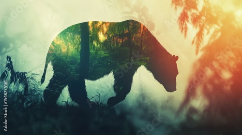 Silhouette of Bear Walking Through Forest with Artistic Nature Overlay Effect