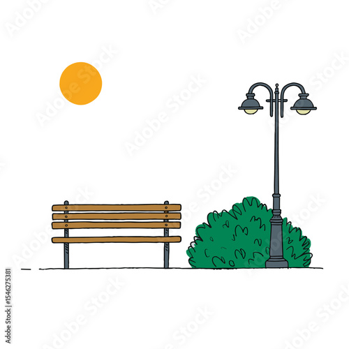 Bench and Street Lamp on Sunny Day – Outdoor Landscape Illustration with Green Bushes