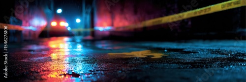 Night scene with police line, wet street reflection and blurred car lights in the city