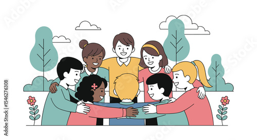 Diverse Group of People United in Friendship and Togetherness Outdoor in Happy Environment