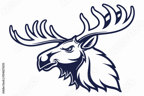 Majestic moose head outlined in dark navy blue displays impressive antlers on a white backdrop