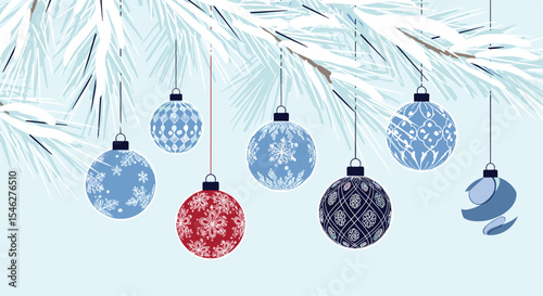 Winter Holiday Season Decoration Ornaments and White Flocked Pine Tree Branch Background Theme
