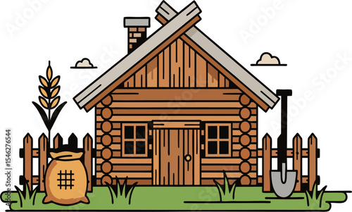 Rustic Wooden Farmhouse with Fence, Sack, and Shovel – Countryside Illustration