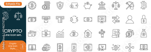 Crypto  currency editable stroke icon set . Linear style icons pack. Crypto technology and Blockchain icons for web and mobile app. Line icon set