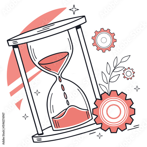 Red Hourglass With Gears And Leaf Decor vector