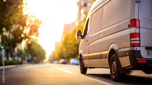 Delivery van with open rear doors, ready for the day. Efficiency in motion, urban logistics at work.