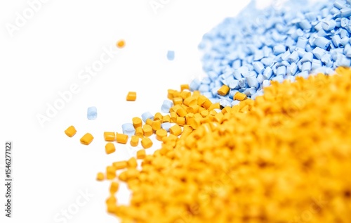 Blue and yellow plastic polymer granules