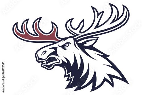 Angry moose head shows fierce face and strong antlers on a white background