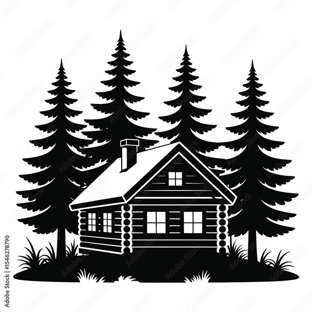Obraz premium A black and white silhouette illustration of a log cabin in a forest setting