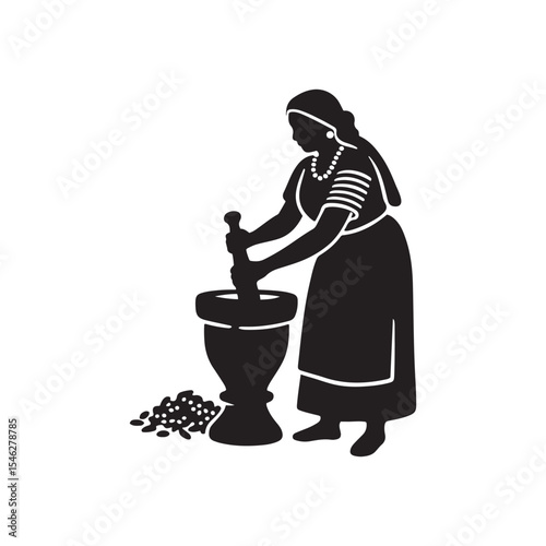 Traditional Village Woman Grinding Spice Silhouette – Rural Heritage Vector Illustration