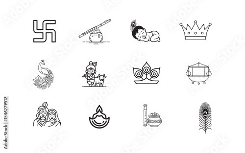 Hindu mythology icons Krishna, Radha, and religious symbols

