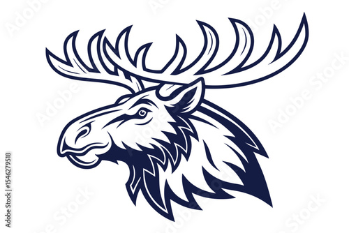 Dark blue moose head presents striking antlers against the white background in a design