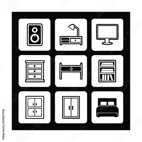 Black and white icons of bedroom furniture and electronic devices set