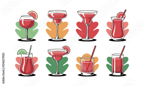 A Modern vector illustration featuring eight stylized red cocktails, each served in a different type of elegant glass, easily editable and scalable.