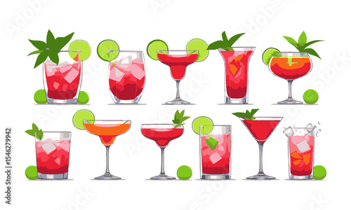 A Modern vector illustration featuring eight stylized red cocktails, each served in a different type of elegant glass, easily editable and scalable.