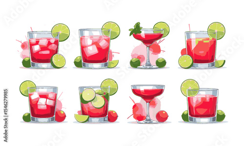A Modern vector illustration featuring eight stylized red cocktails, each served in a different type of elegant glass, easily editable and scalable.